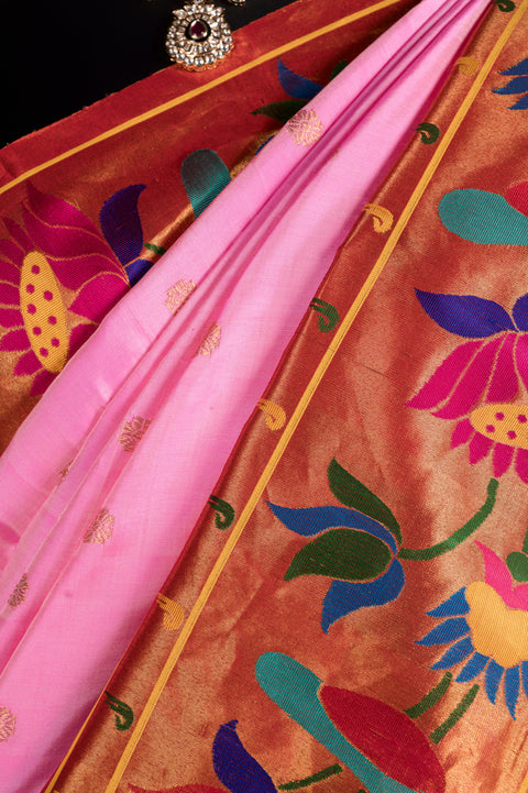 Baby Pink Handwoven Paithani Pure Silk Saree with Lotus Border
