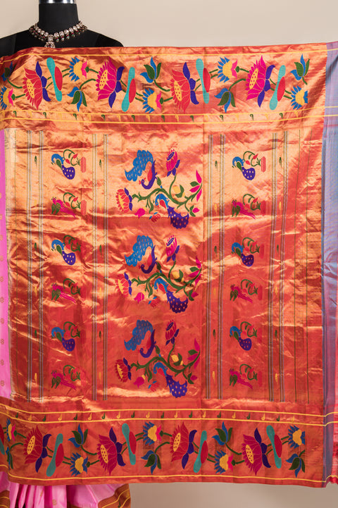Baby Pink Handwoven Paithani Pure Silk Saree with Lotus Border