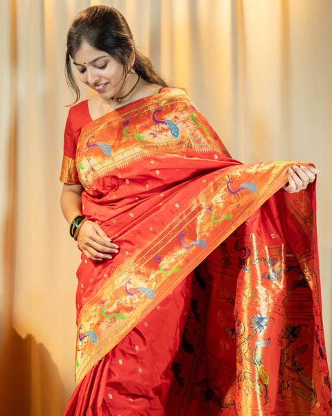 Red Traditional Paithani Saree with Peacock Border