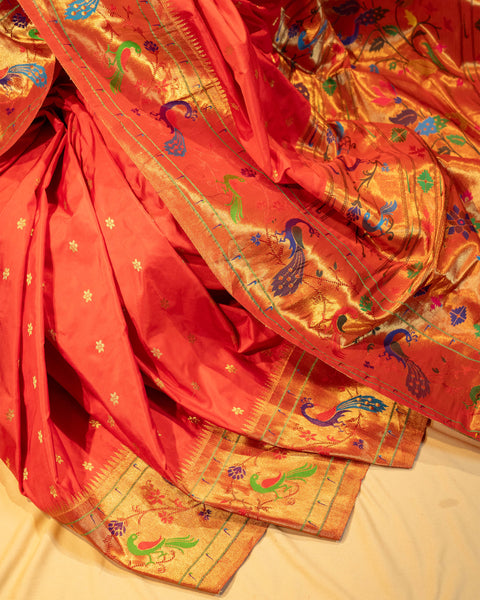 Red Traditional Paithani Saree with Peacock Border