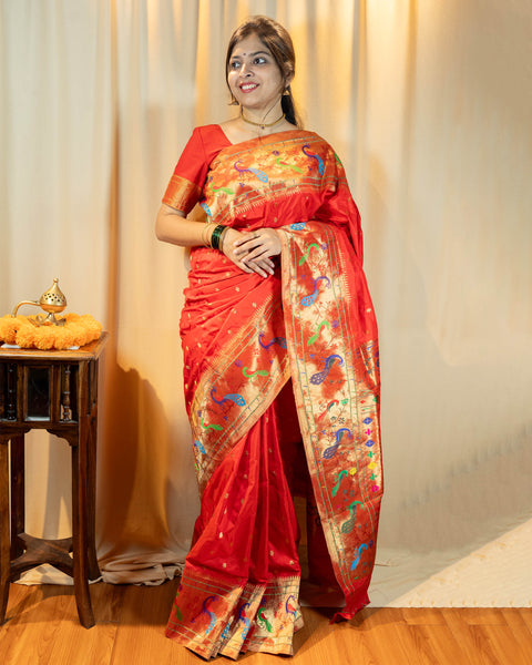 Red Traditional Paithani Saree with Peacock Border