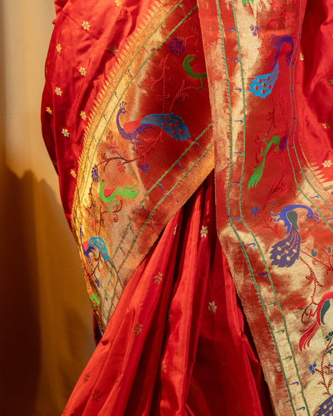 Red Traditional Paithani Saree with Peacock Border