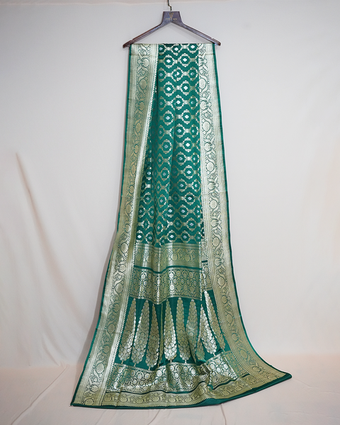 Emerald Green Banarasi Silk Saree with Silver Jaal Weaving