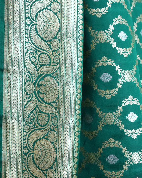 Emerald Green Banarasi Silk Saree with Silver Jaal Weaving