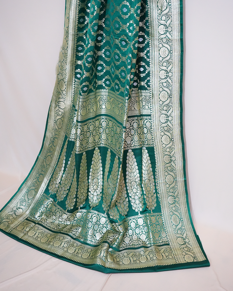 Emerald Green Banarasi Silk Saree with Silver Jaal Weaving