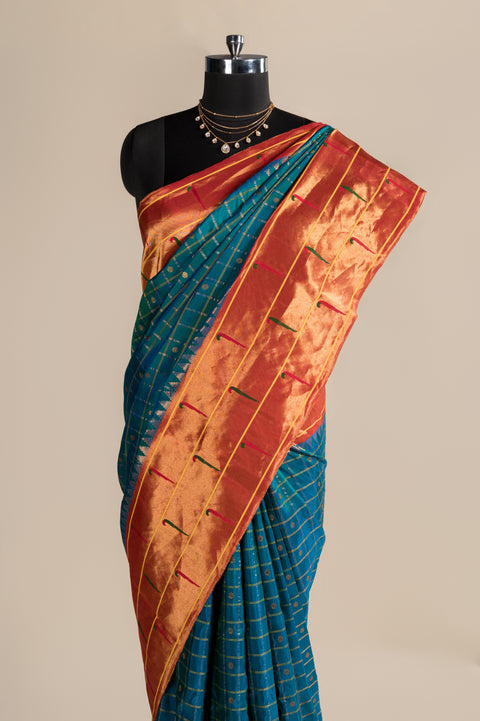 Chintamani Teal Checks Handwoven Paithani Saree with Muniya Border