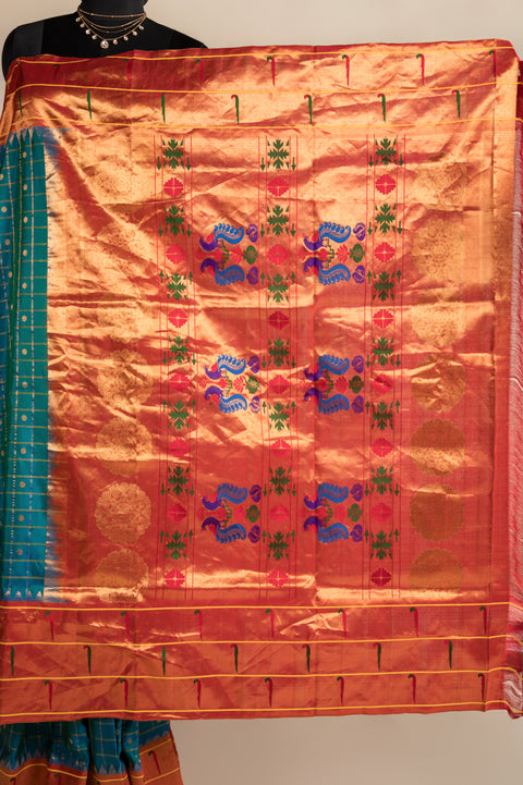 Chintamani Teal Checks Handwoven Paithani Saree with Muniya Border
