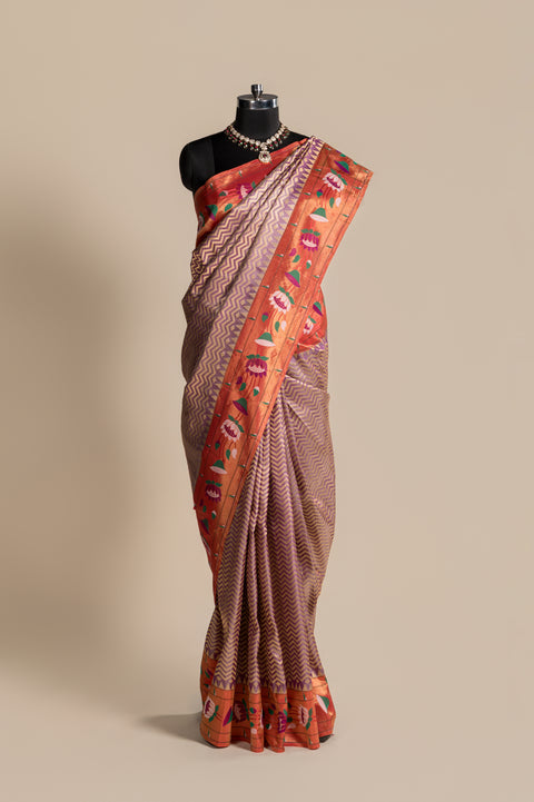 Lavender Tissue Handwoven Paithani Saree with Lotus Zari Border