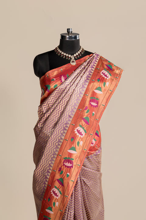 Lavender Tissue Handwoven Paithani Saree with Lotus Zari Border