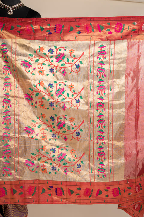 Lavender Tissue Handwoven Paithani Saree with Lotus Zari Border