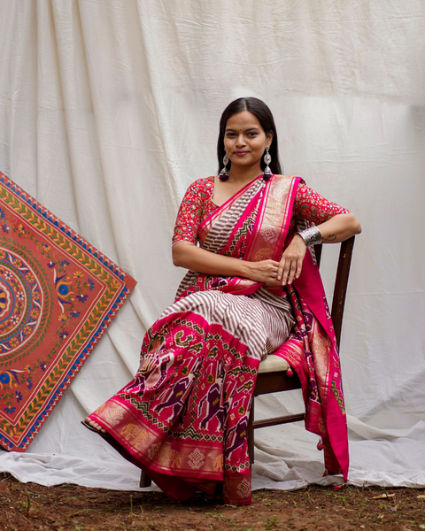 Pink Patola Saree with Brown Stripes and Patola Border