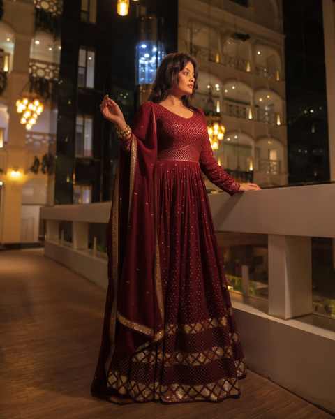 Berry Red Anarkali Suit featuring Sneha Lulla