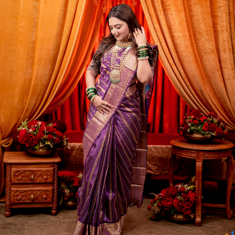 Purple Paithani Pure Silk Saree with Golden Zari Strips: A Regal Masterpiece