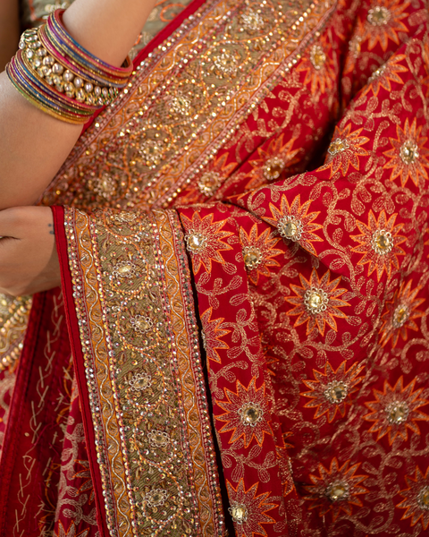 Red Bridal Saree in Crepe Fabric with Mustard Accents and Heavy Thread Work