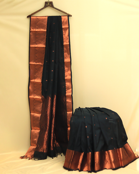 Black Semi-Silk Kanjivaram Saree with Copper Zari Border