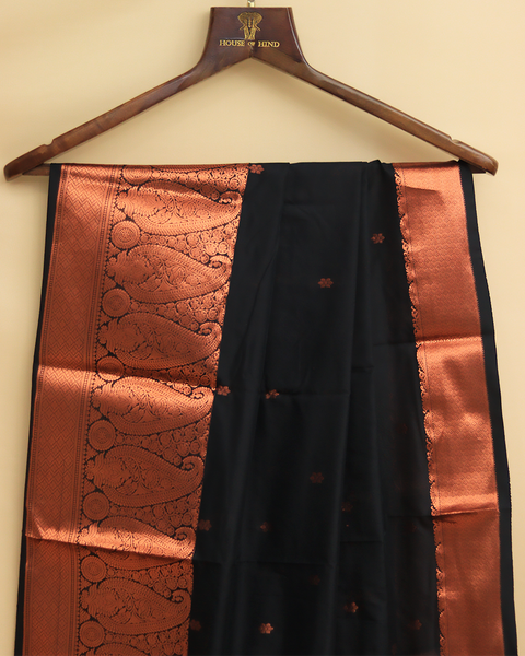 Black Semi-Silk Kanjivaram Saree with Copper Zari Border