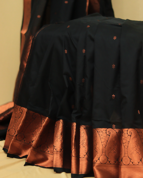 Black Semi-Silk Kanjivaram Saree with Copper Zari Border