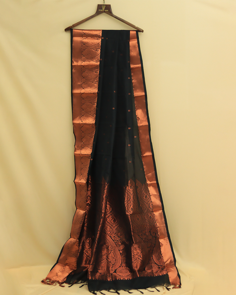 Black Semi-Silk Kanjivaram Saree with Copper Zari Border