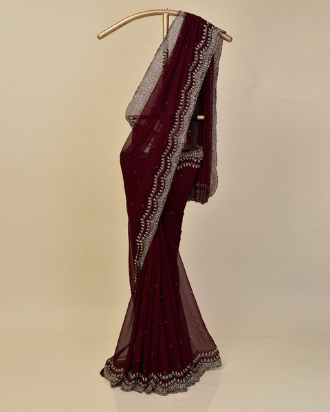 Wine Organza Designer Saree
