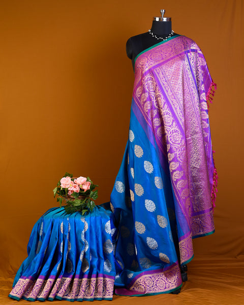 Blue Pure Silk Gadwal with Contrast Purple Border