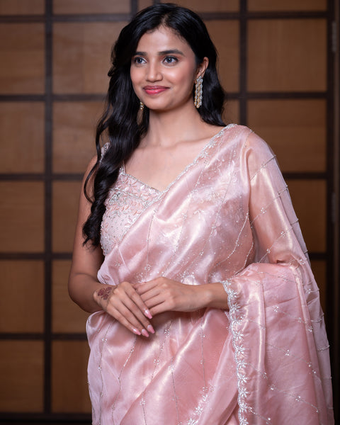 Peach Organza Saree with Cut Dana Work - The Vivaah Edit Cocktail Special