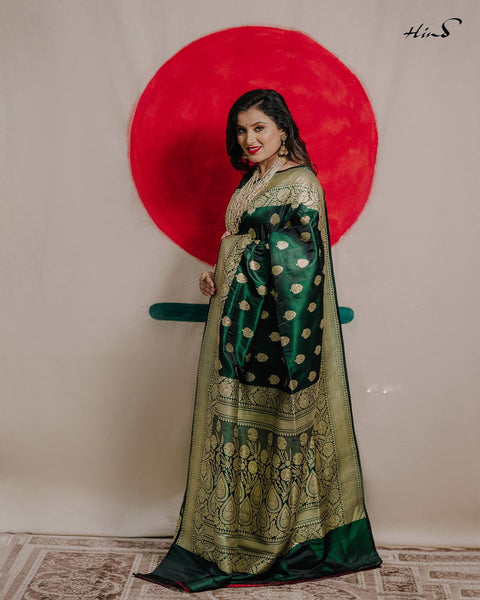 Dark Green Banarasi Silk Saree with Golden Zari Butta