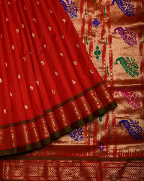 Bright Red Pure silk 9 yards Paithani Saree