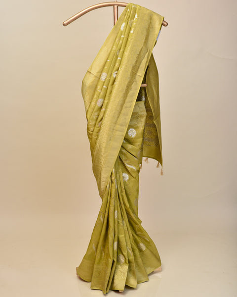 Neon Green Dola Silk Saree with Golden Silver Zari Work