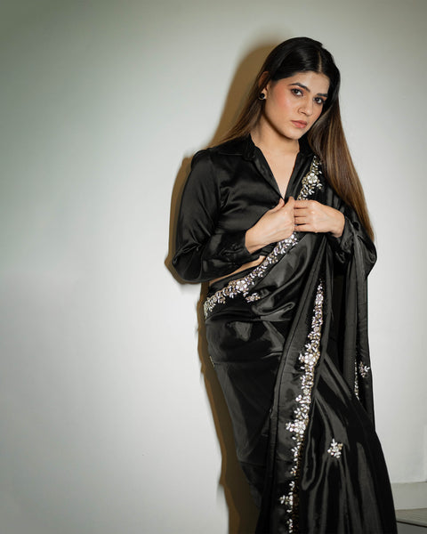 Black Designer Crepe Saree with Handwork on Border and Matching Stitched Blouse featuring Shivani Surve