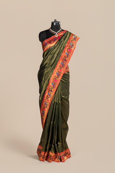 Bottle Green Pure Silk Handwoven Paithani Saree with Peacock Border
