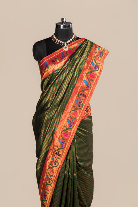 Bottle Green Pure Silk Handwoven Paithani Saree with Peacock Border