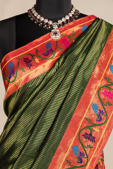 Bottle Green Pure Silk Handwoven Paithani Saree with Peacock Border
