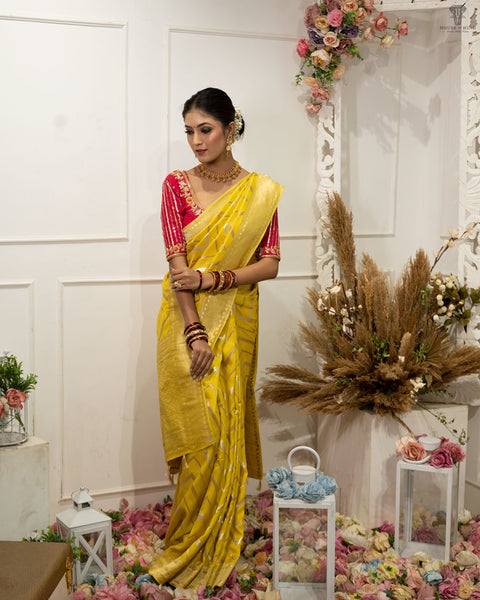 Yellow Fancy Dola Silk Saree with Triangle Silver Zari Work