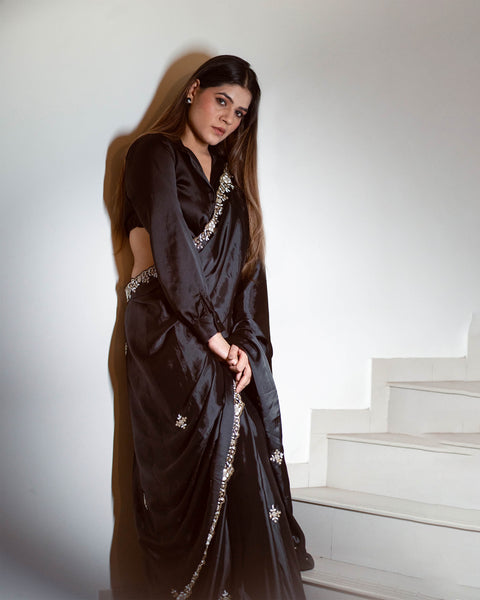 Black Designer Crepe Saree with Handwork on Border and Matching Stitched Blouse featuring Shivani Surve