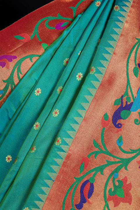 Pure Silk Shahi Paithani Saree in Rama Green Dual Shade with Zari Border