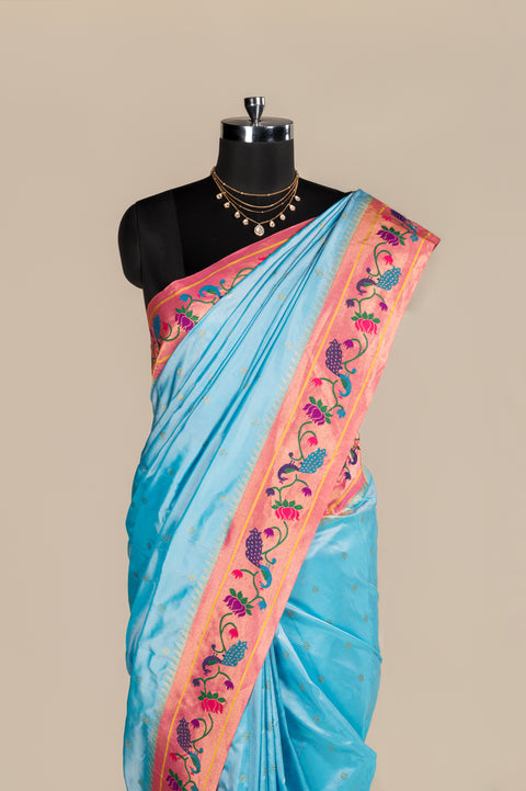 Sky Blue Pure Silk Handwoven Paithani Saree with Lotus Peacock Border