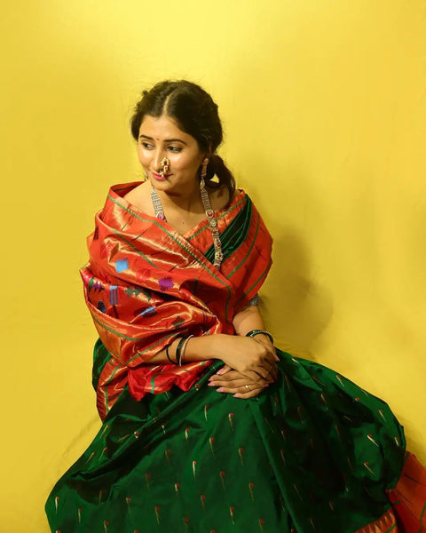 Castleton Green Pure Silk Munia Paithani Saree