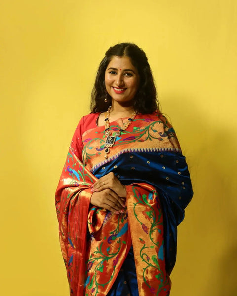 Cobalt Blue Pure Silk Paithani Saree with Floral Border
