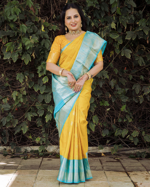 Yellow Pure Silk Gadwal Saree with Contrasting Blue Border - The Vivaah Edit Haldi Special