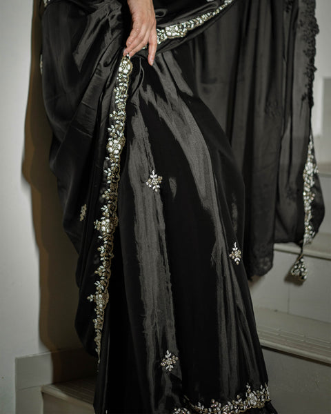 Black Designer Crepe Saree with Handwork on Border and Matching Stitched Blouse featuring Shivani Surve