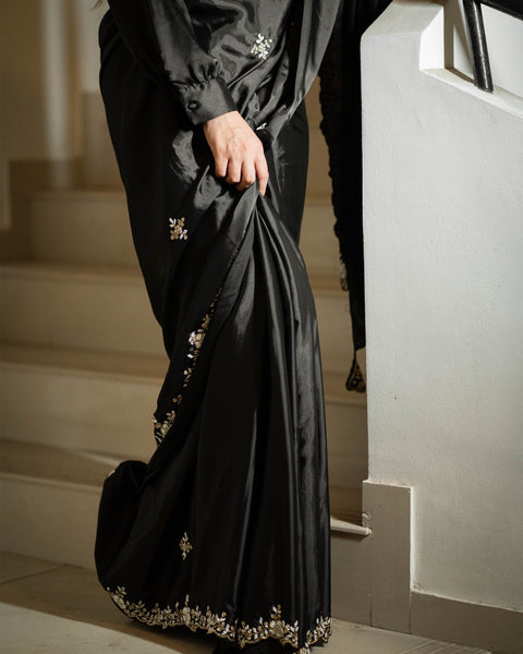 Black Designer Crepe Saree with Handwork on Border and Matching Stitched Blouse featuring Shivani Surve