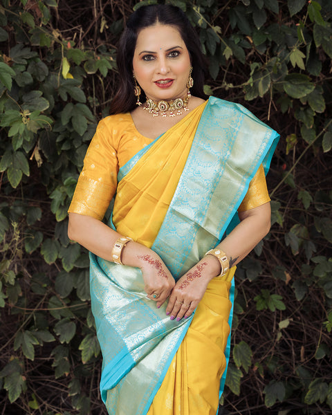 Yellow Pure Silk Gadwal Saree with Contrasting Blue Border - The Vivaah Edit Haldi Special