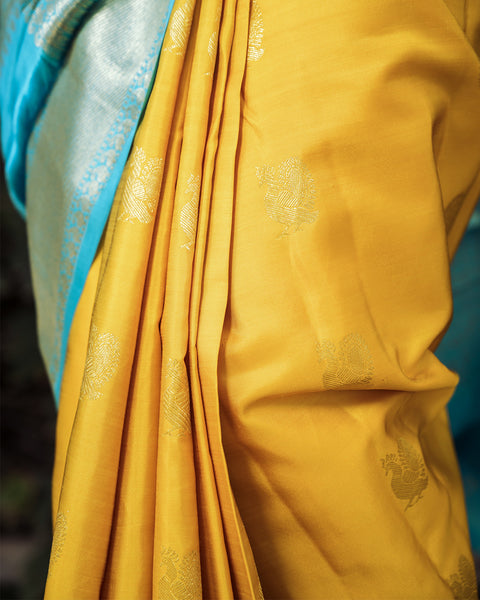 Yellow Pure Silk Gadwal Saree with Contrasting Blue Border - The Vivaah Edit Haldi Special