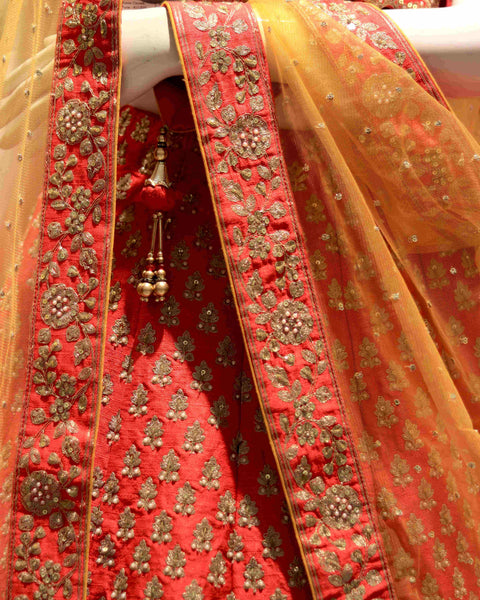 Vibrant Red Raw Silk Bridal Lehenga