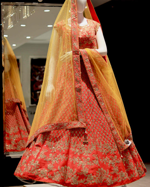 Vibrant Red Raw Silk Bridal Lehenga