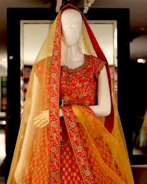 Vibrant Red Raw Silk Bridal Lehenga