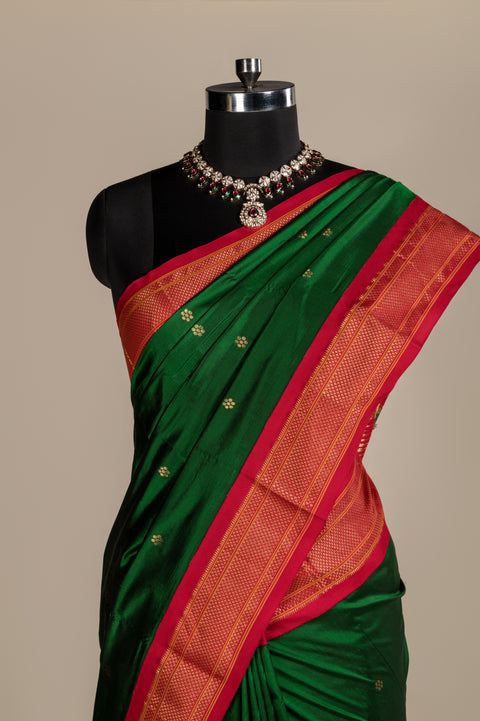 Bottle Green Pure Silk Handwoven Paithani Saree with Red Border