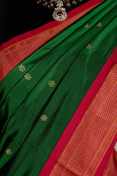 Bottle Green Pure Silk Handwoven Paithani Saree with Red Border
