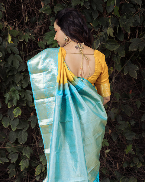 Yellow Pure Silk Gadwal Saree with Contrasting Blue Border - The Vivaah Edit Haldi Special