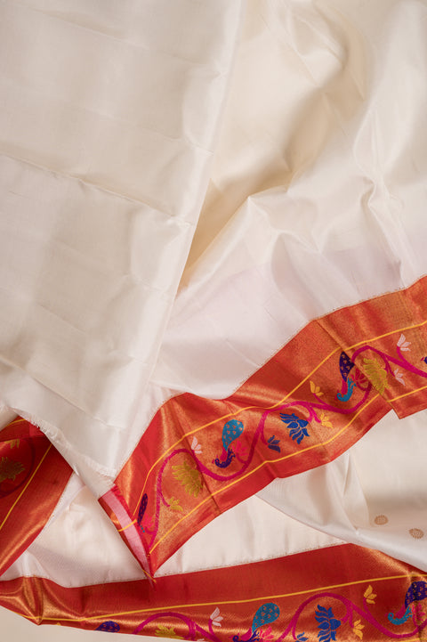 White Pure Silk Paithani Saree with Rudraksh Butta Peacock Border